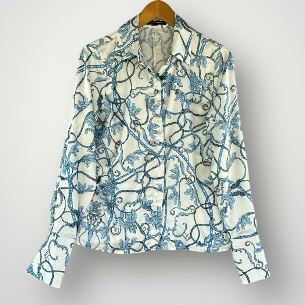 Boston Proper White Blouse with Blue Scroll Print